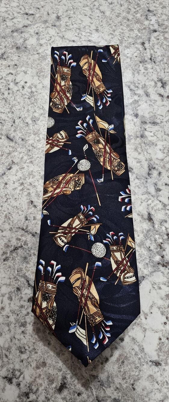 Steven Harris Handmade Necktie Tie Navy Blue Golf Bags Clubs Balls Sports Theme